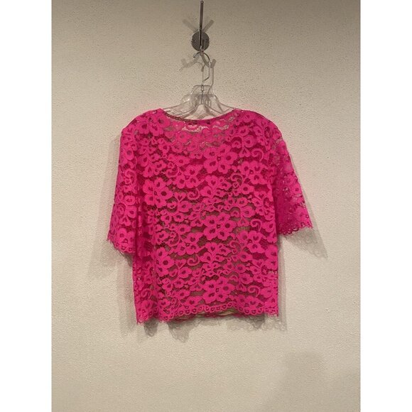 Trina Turk Shirt Womens Small Pink Lace Floral Short Sleeve Scalloped Sheer Top - Picture 4 of 4